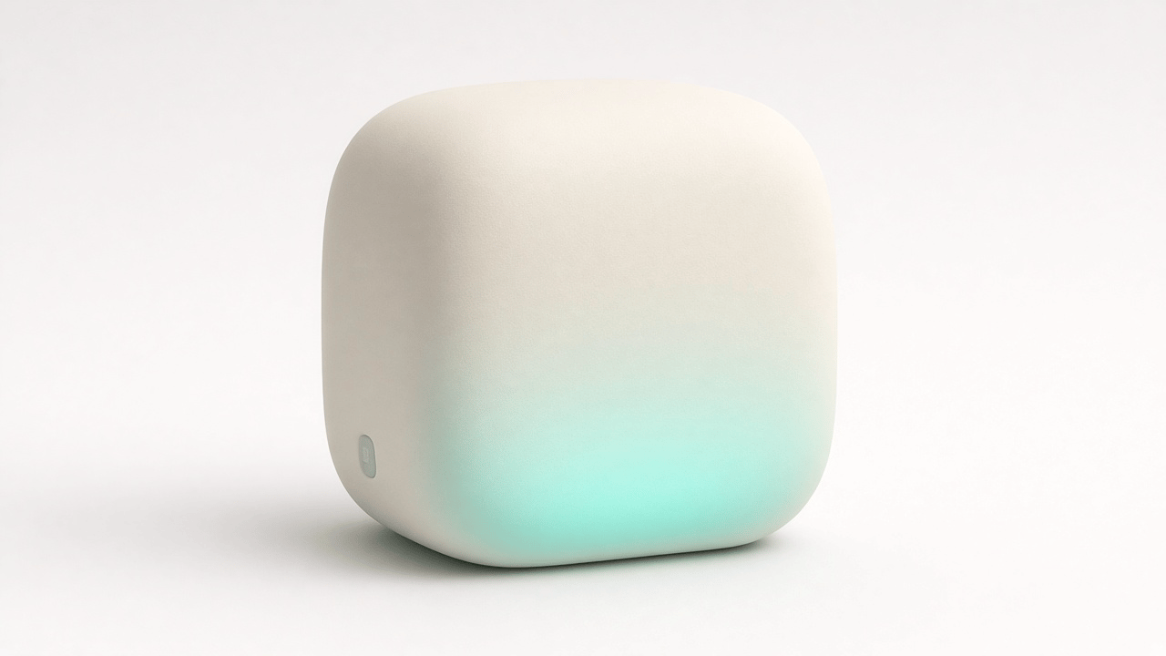 A cream, rounded silicone cube about the size of two palms, with a soft teal glow at the base and no display.